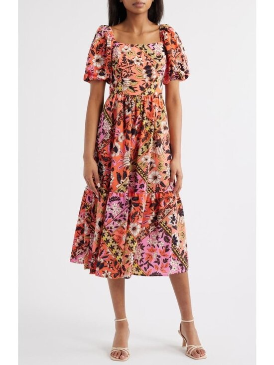 Vince Camuto Dresses & Skirts - Vince Camuto Print Square Neck Puff Sleeve Maxi Dress Lined Orange size 4 $158